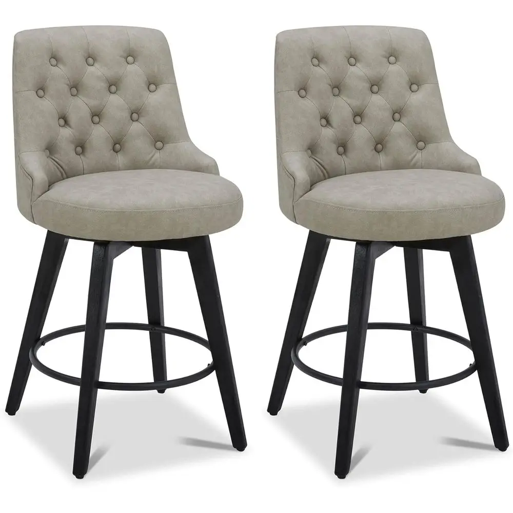 Drehbare Thekenhocker aus Leder mit Rückenlehne, 26 Höhe, Steingrau, 2er-Set