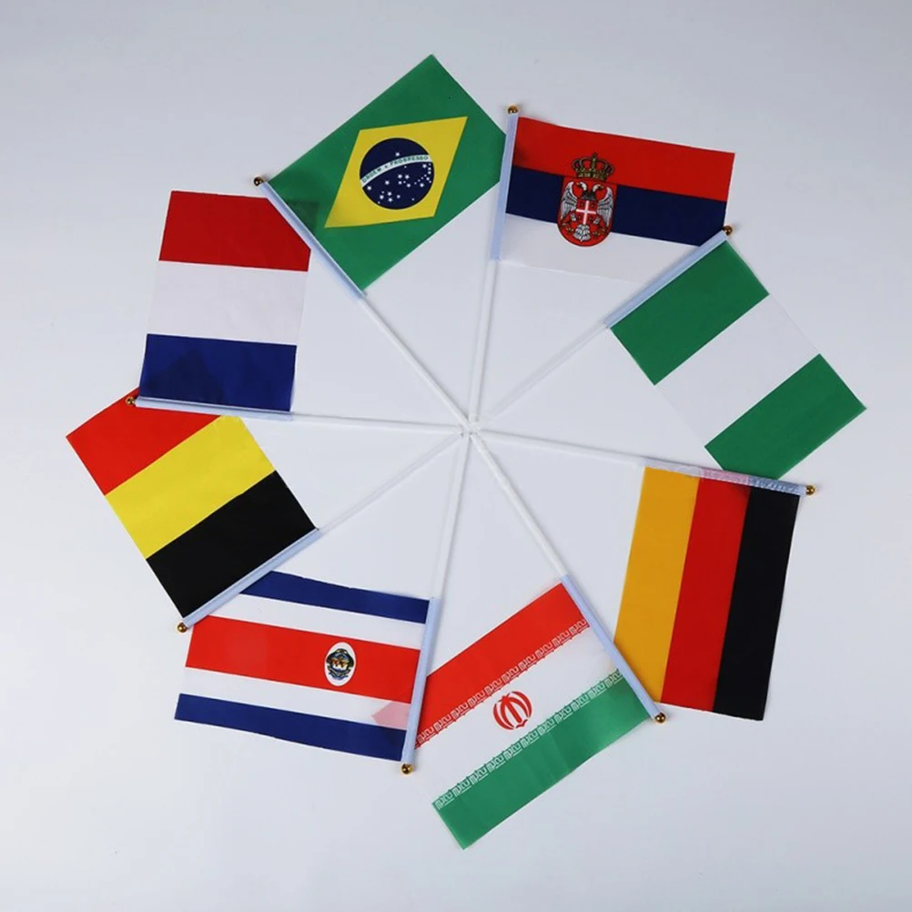 

50pcs Handheld Mini National Flags Polyester Cloth Plastic Sticks Lightweight Portable Cheering Party Classroom Garden
