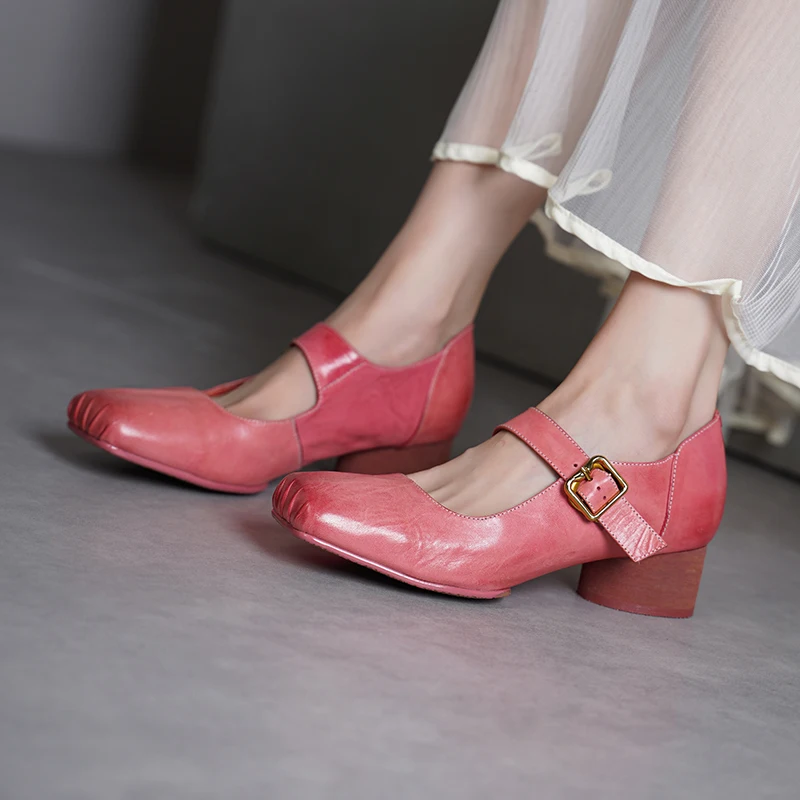 Women Mary Janes Spring Retro Pumps Mid Heel Dress Work Pumps European One Strap Mary Janes Horsehide Square Toe Footwear