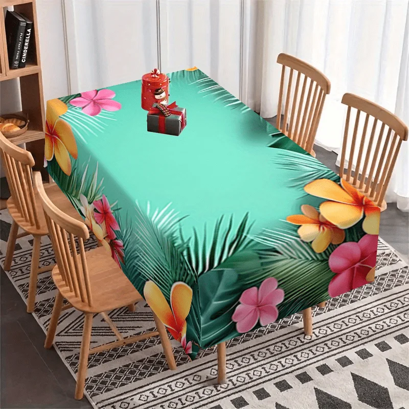 Tropical Floral Tablecloth - Vibrant Green Leaves & Hibiscus Print, Durable Polyester Fabric, Square Shape for Standard Tables