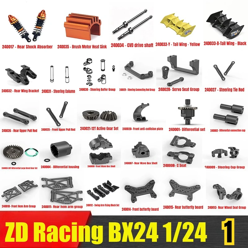 ZD Racing BX24 1/24 RC Car Parts Original Tire Chassis Steering Cup Swing Arm CVD C Seat Butterfly Plate Shock Absorber Parts 1