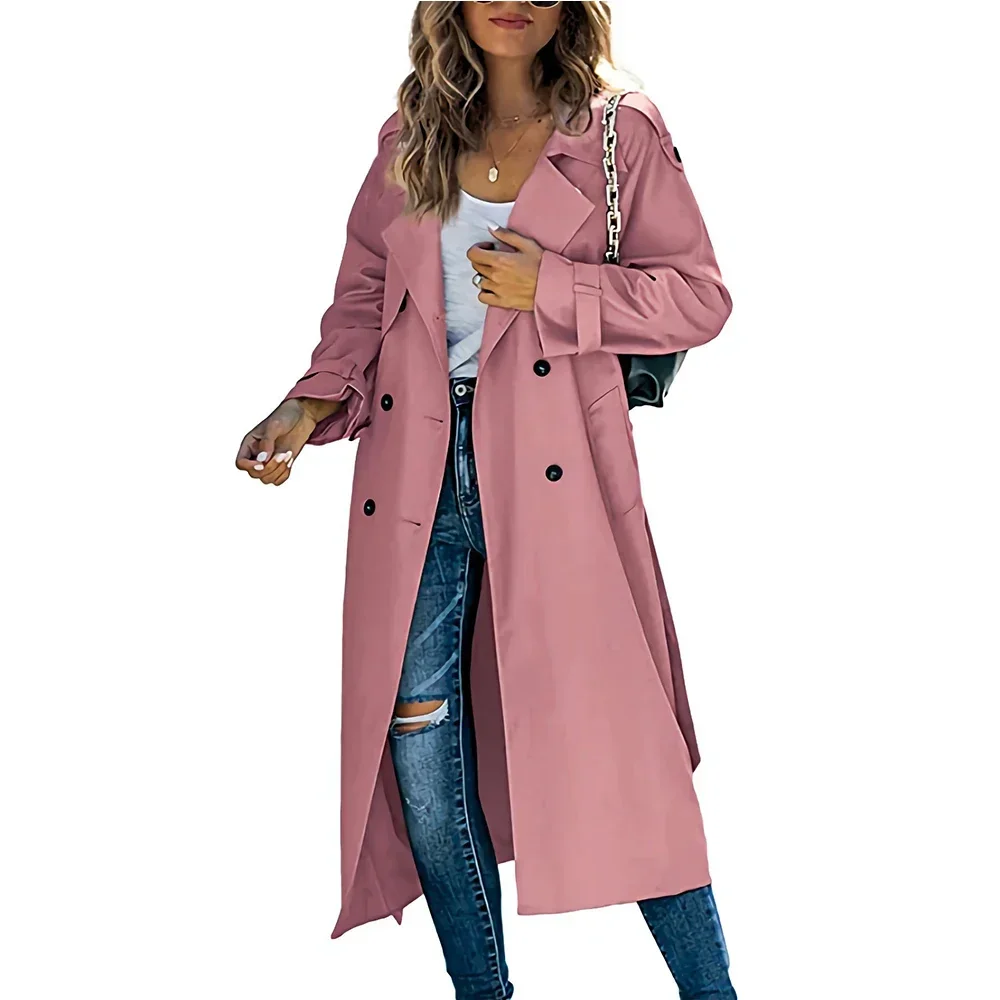 Women\'s Windbreaker Coat Fashion Long Pocket Lapel Button Windbreaker British Style Over The Knee Long Coat Office Commuter Wear