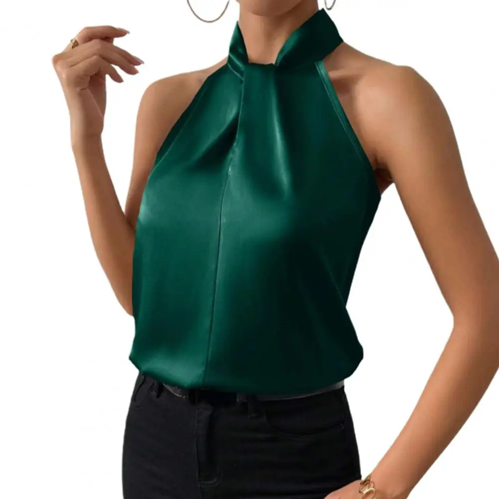 

Women Tops Halter Sleeveless Loose Blouse Smooth Satin Tank Tops Imitation Silk Vest Summer Workwear