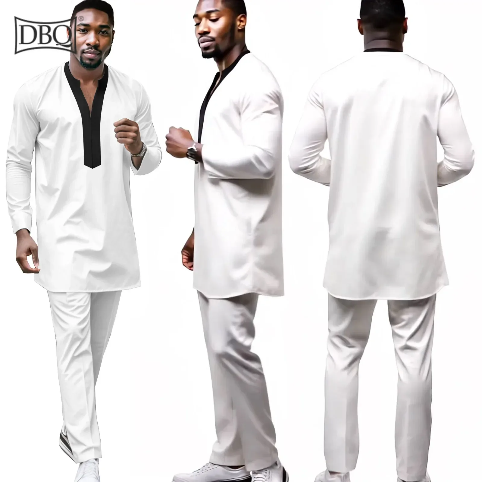 

DBQ African Traditonal Clothes for Men V-neck Shirts and Pants Two Piece Sets Dashiki Outfits Patchwork Attire