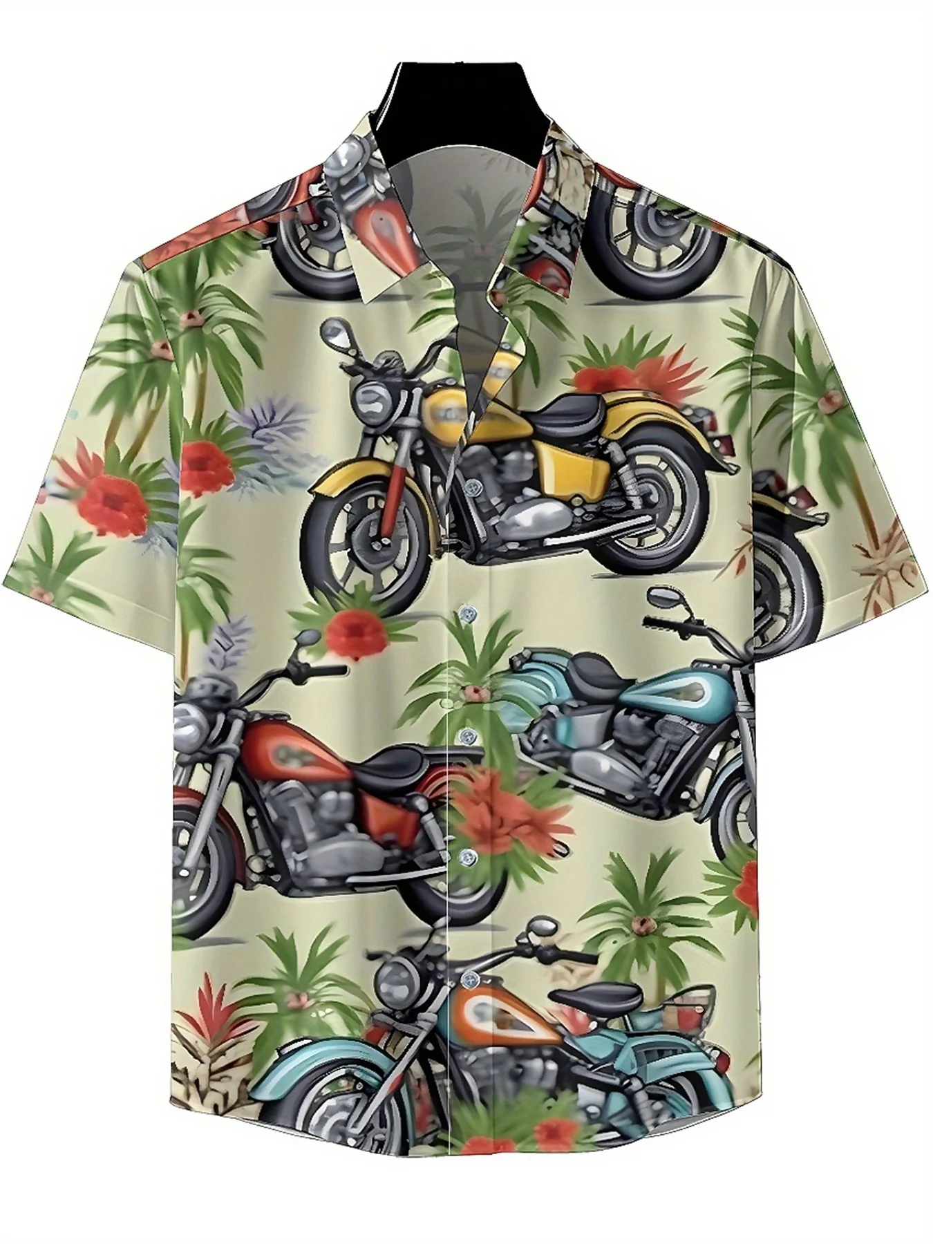 Men's Plus Size Hawaiian ShirtsFlame Motorcycles and Tropical Flowerspattern, Button Shirts, Unisex Casual Clothing, Summer Tops
