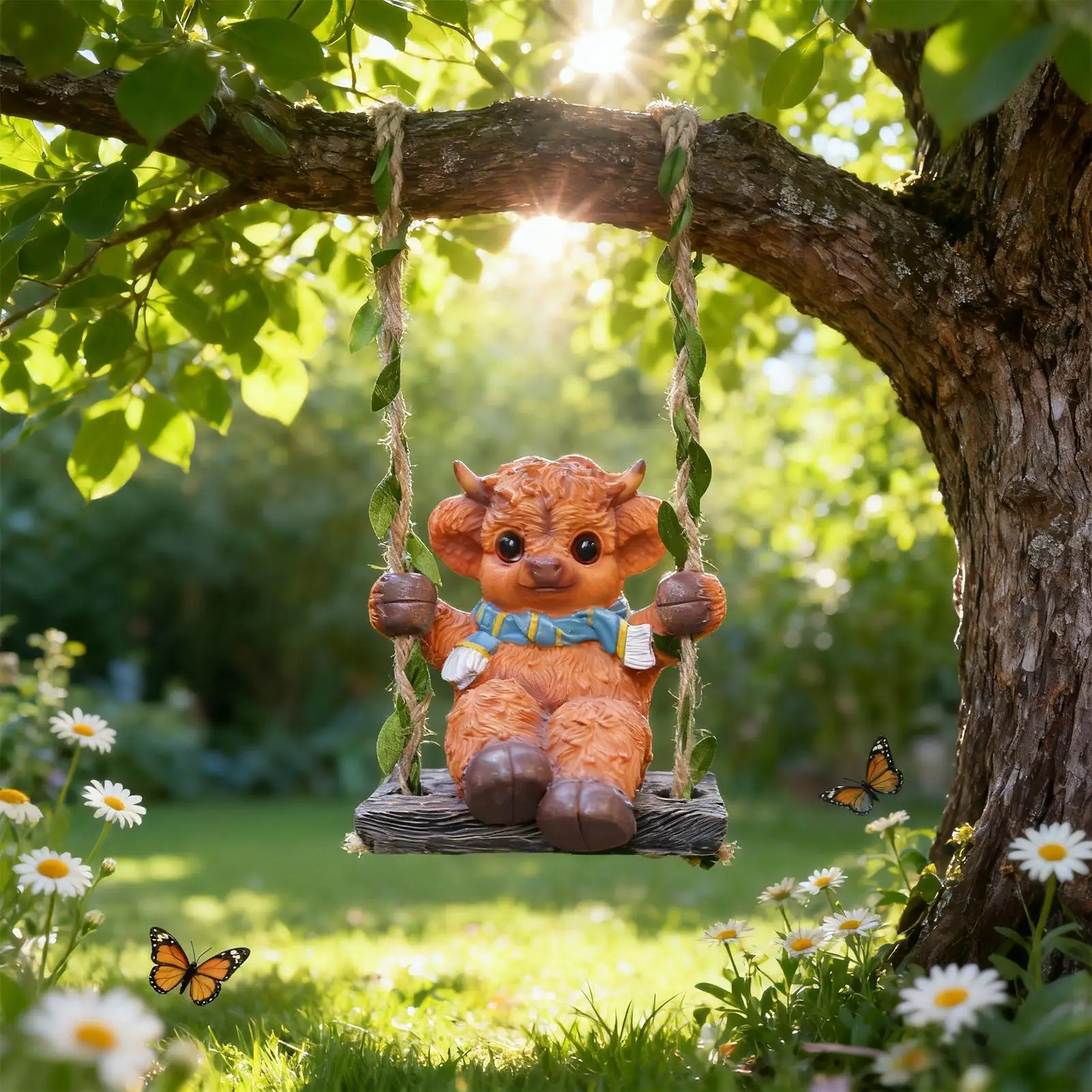 

Фигурка хайлендской коровы из смолы, фигурка горной коровы, качели, декоративные статуи двора для балкона, забора, двора, сада, дерева, лужайки