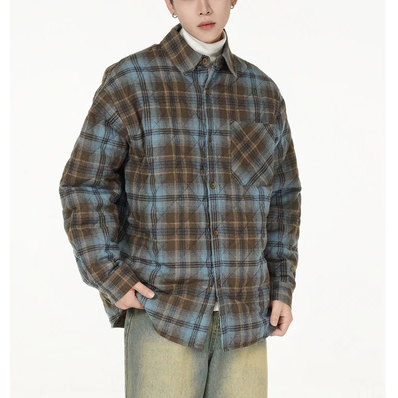 Men Autumn Winter Quilted Thicken Fashion Loose Casual Long Sleeve Plaid Shirt Coat Cityboy Streetwear Oversize Shirt Jacket