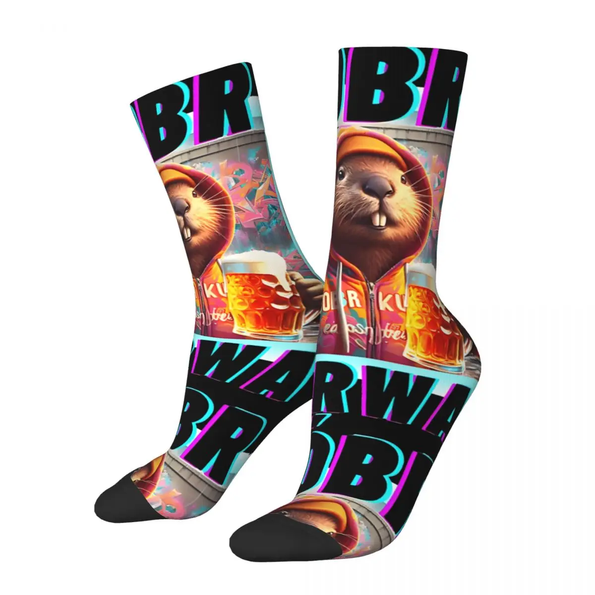 Happy Funny Drinking Beer Neon Vibes Socks Vintage Harajuku Bobr Kurwa Hip Hop Novelty Casual Crew Crazy Sock