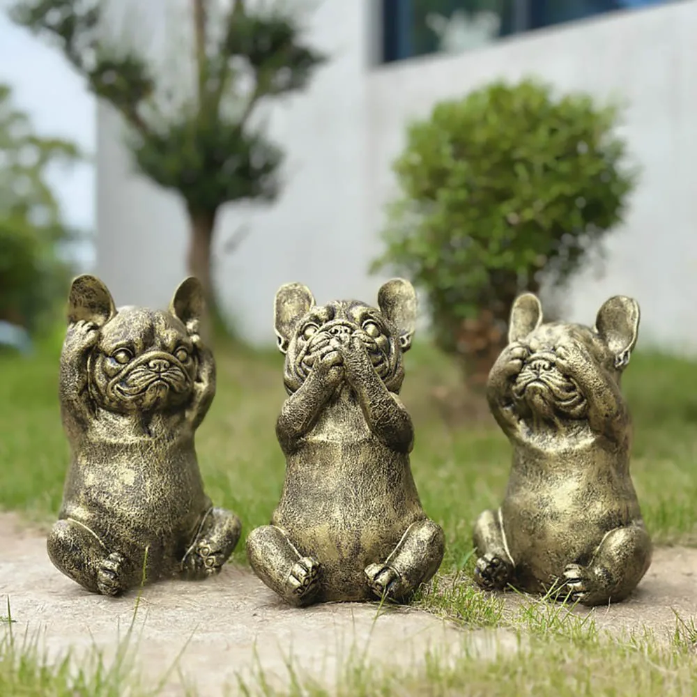 No listen,No say, No look,French Bulldog Garden Ornament Creative dog Resin Statue Outdoor Balcony Home Living Room Decoration