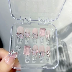 10 Stuks Handgemaakte Transparante Pers Op Nagels 3d Diamanten Nep Nagels Ijsblokje Ontwerp Y 2K Valse Nagel Volledige Dekking Nagel Tips