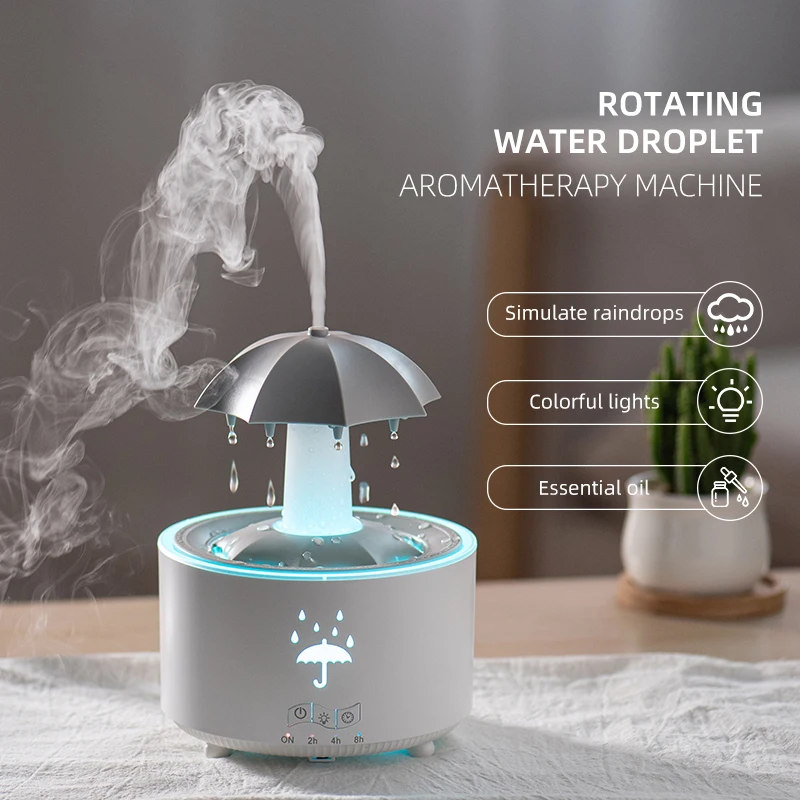 Umidificador de ar criativo com gota de água, guarda-chuva com luz colorida, difusor de óleo essencial, umidificador de aromaterapia