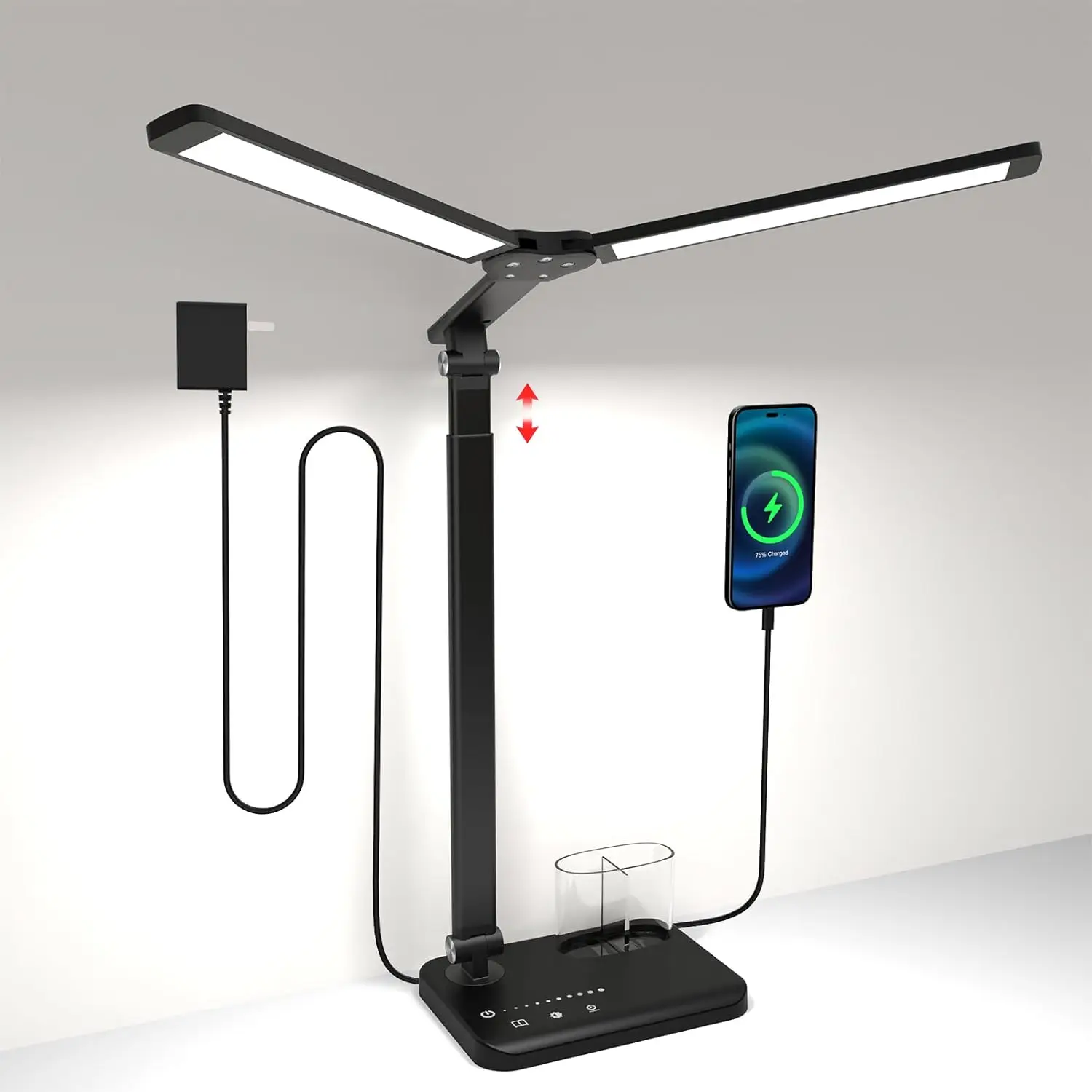 

LED Desk Lamp, Dual Heads, Height Adjustable, USB Charging, 5 Modes, Dimmable (Black, 15W)