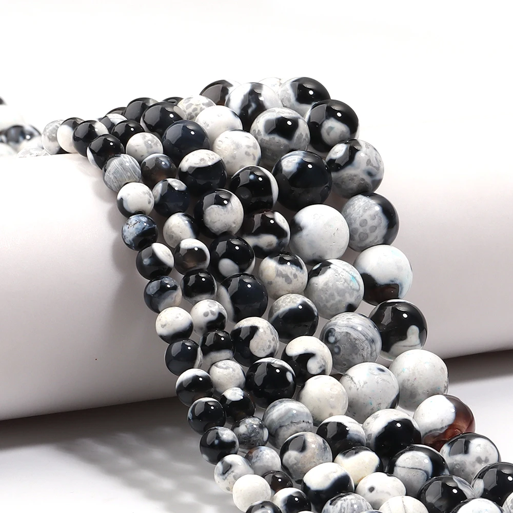1 Strand 6/8/10mm Natural Black White Fire Agate Stone Beads