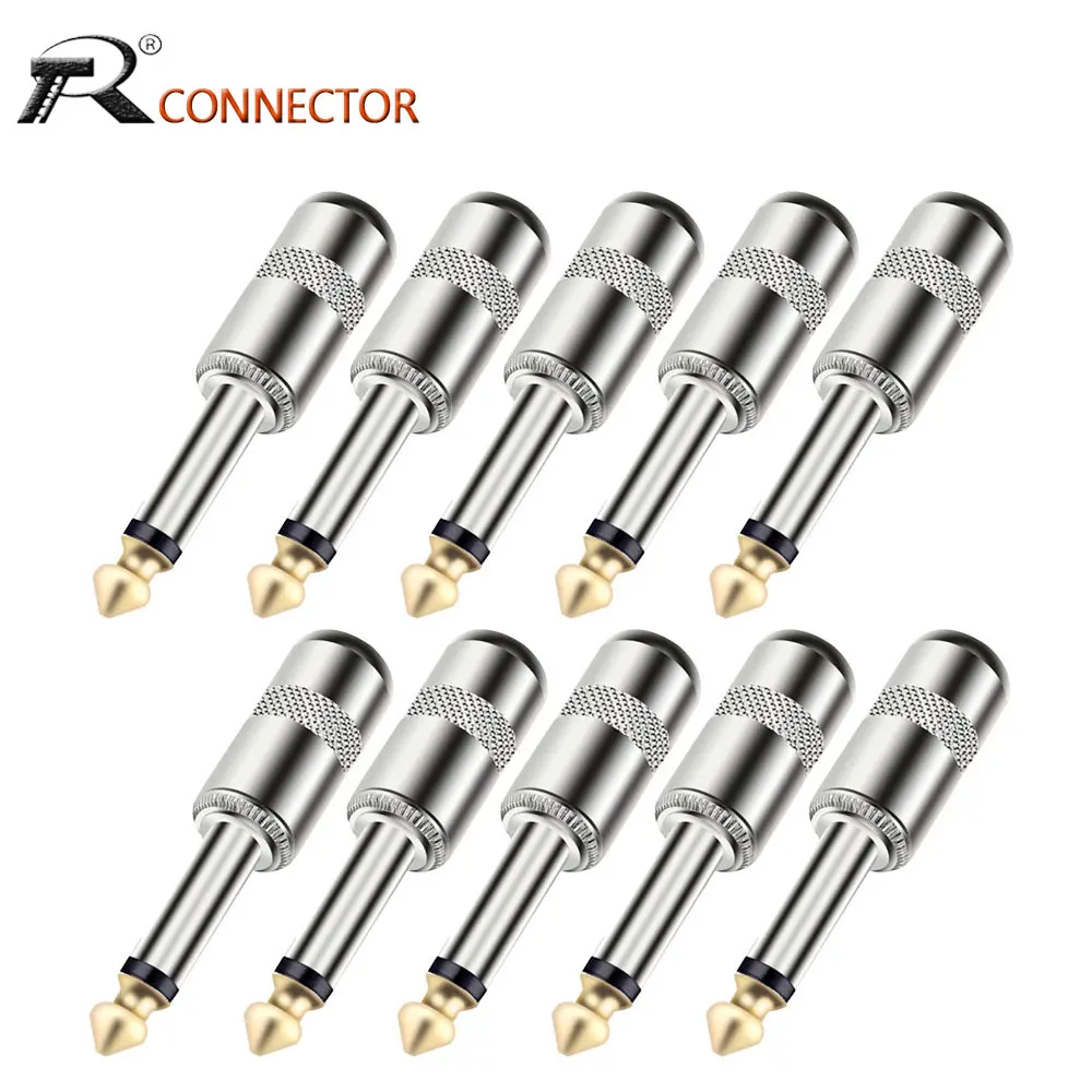 10pcs Zinc Alloy Case 1/4 inch Plug Jack 6.35mm Mono/Stereo Male Connector Gold Plated Guitar Effects Pedal Microphone Connector