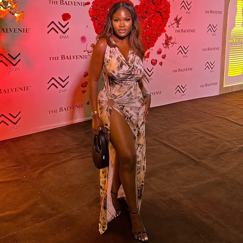 SKMY 2025 홀터넥 넥 이브닝 드레스 여성용 등이없는 하이 웨이스트 꽃 프린트 가운, 다목적 디자인의 우아한 하이 슬릿 맥시