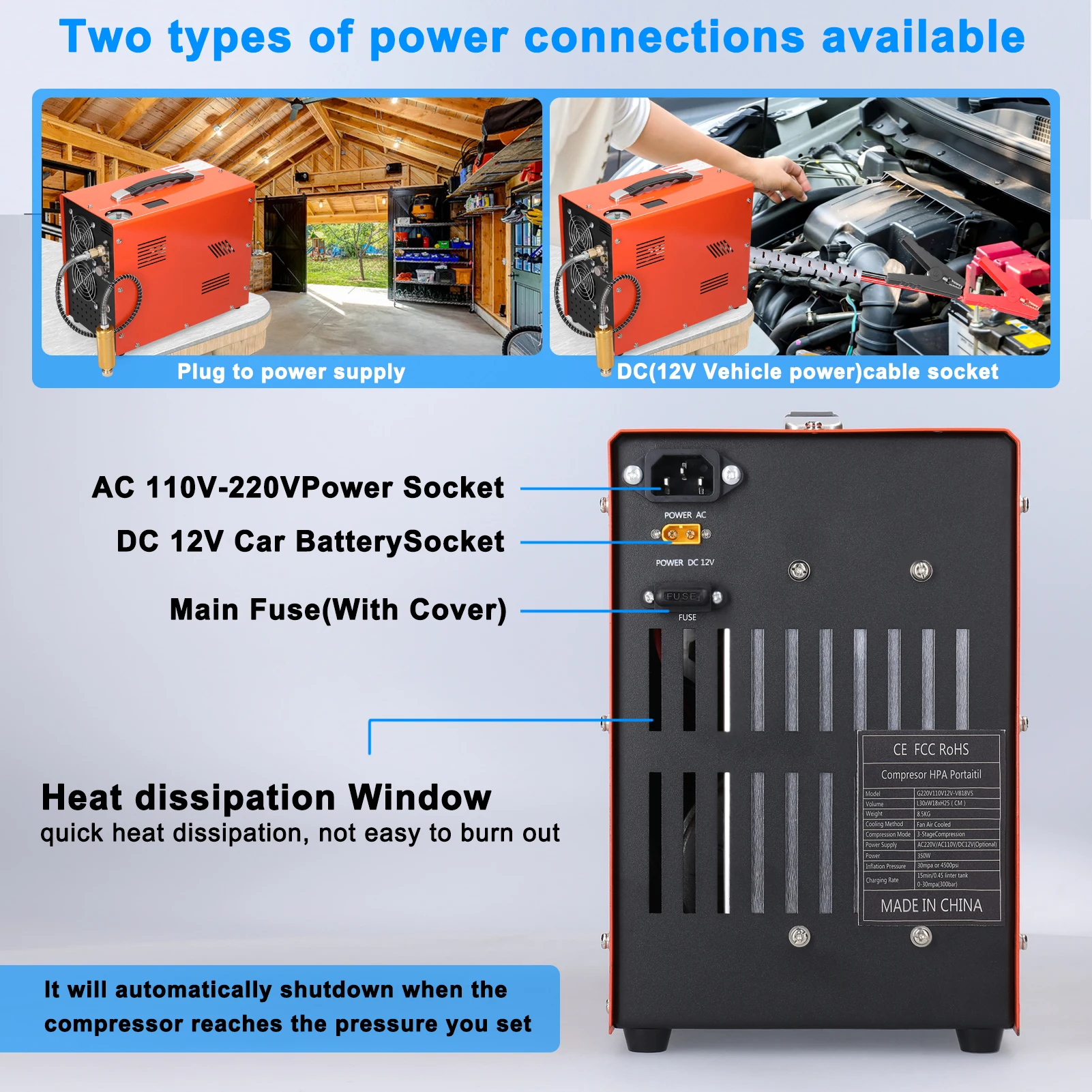 4500PSI Electric High Pressure Air Compressor with Barometer Intelligent Portable Automatic Shutdown Outdoor Air Compressor