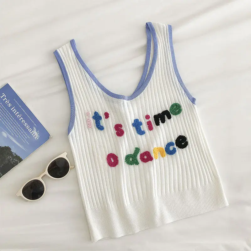 Ribbed Tank Top Crop Top Women\'s Short Cute Graphic Knit Kawaii T-Shirts Vest Summer Ladies Sleeveless Rainbow Letter Top Female