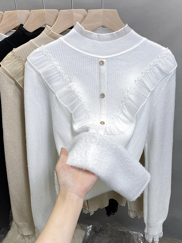 

Women's Fce Lined Thiened f High Collar Knitted Sweater Warm Cozy Winter Faion Top Trendy Lace Design Autumn New Ar...