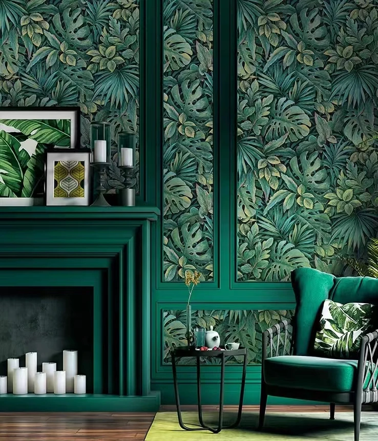 Rainforest Southeast Asian Style Banana Leaf Bedroom Living Rroom TV Background Wall Pvc Green Palm Leaf Embossed Wallpaper