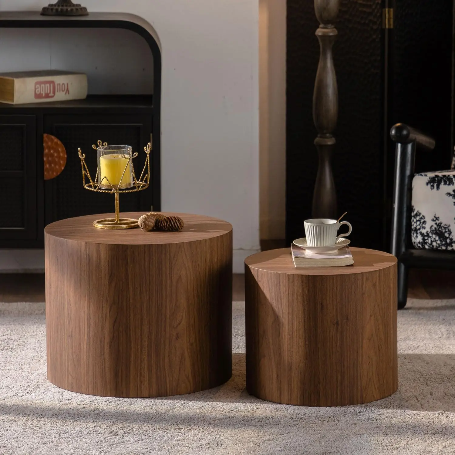 Round Wood Nesting Coffee Table Set of 2, Modern Space-Saving Design for Small Living Room, Walnut Finish, Customized