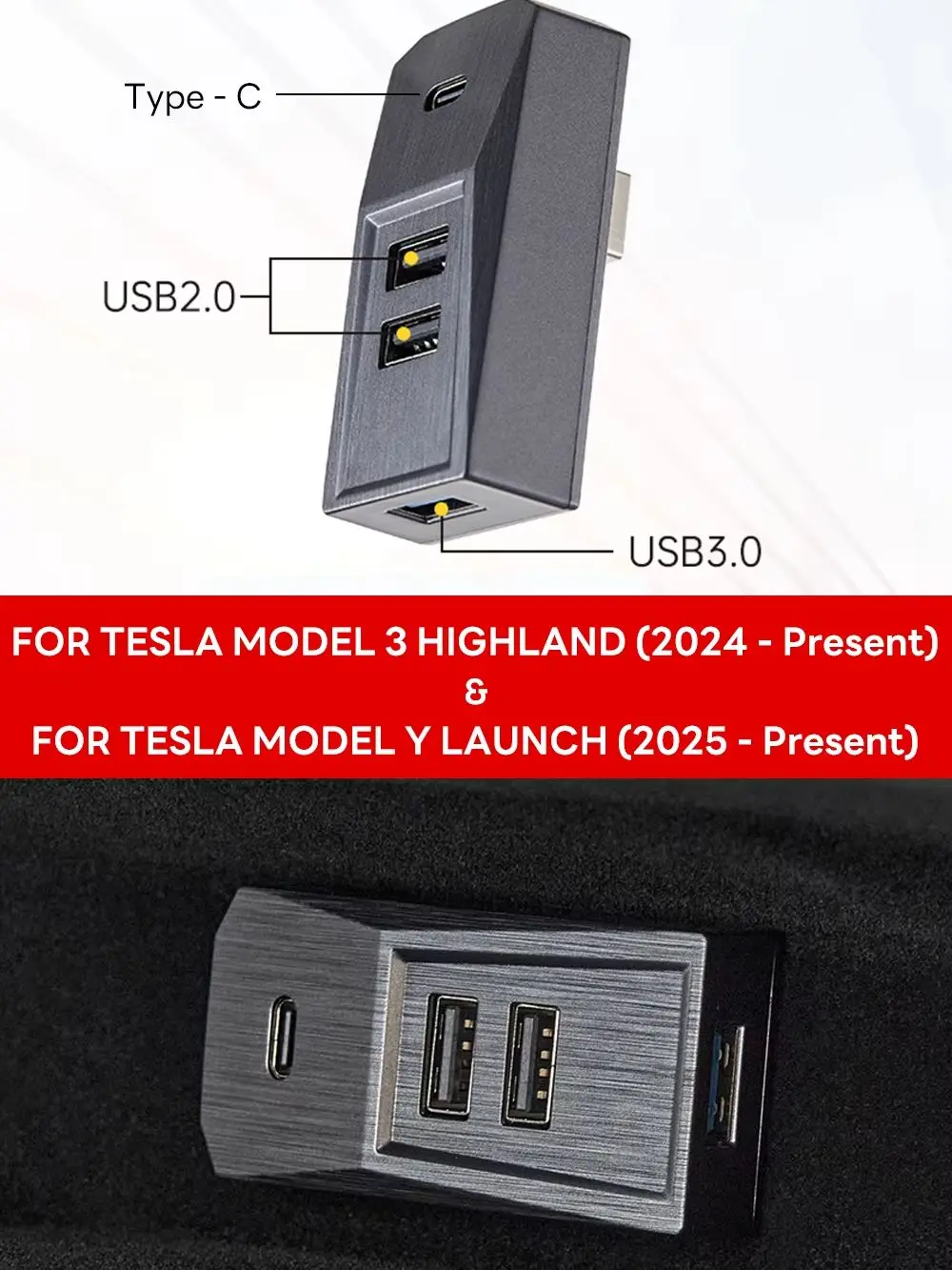 TEKSY Handschuhfach-USB-Hub für Tesla Neues Modell Y 2026 Juniper 2025 Modell 3 Highland Typ-C-Anschluss Digital-Display Splitter Docking