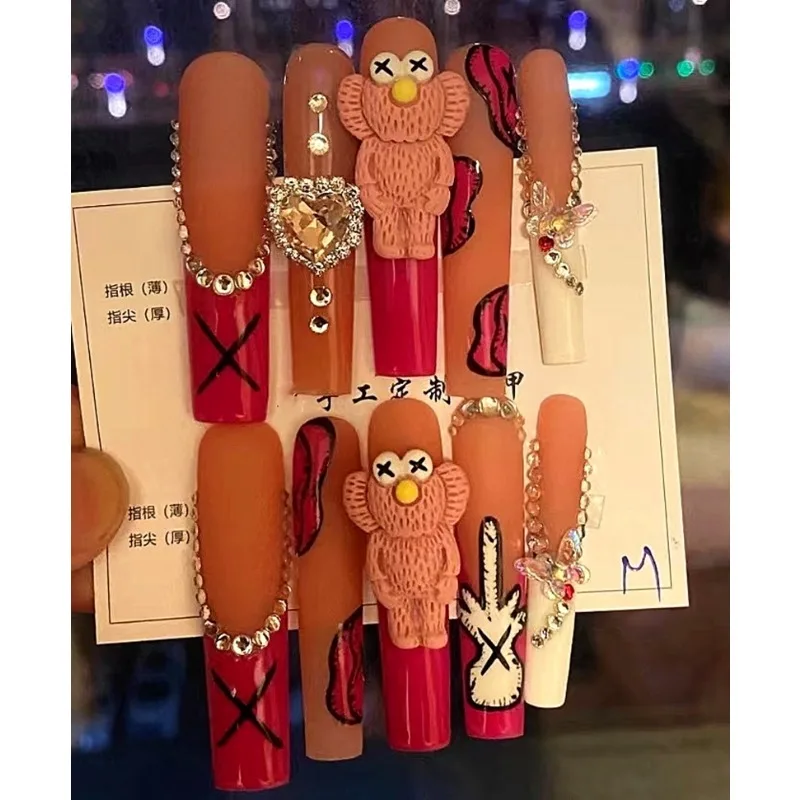 Luxury pressed on handmade customized thick acrylic nails with rhinestones and artificial nails