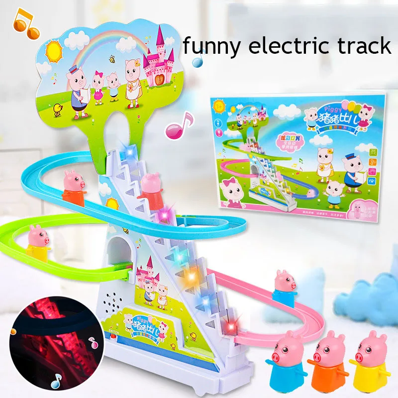 Electric Duck Track Rail Racing Slide Piggy Climbing Stairs Baby Toy LED Lights Musical Slide Roller Coaster Toys for Gift