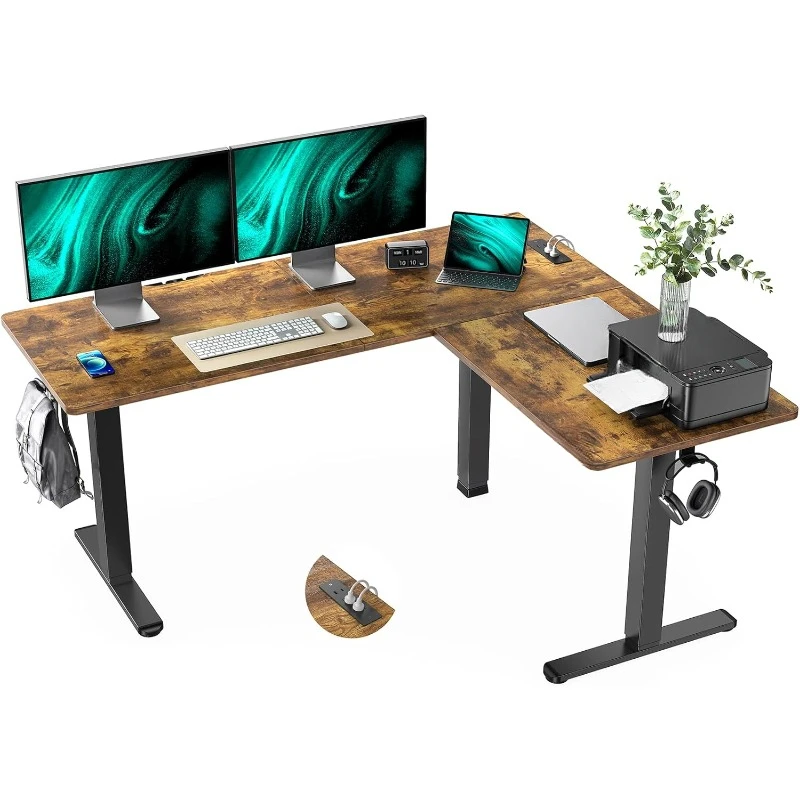 Standing Desk Adjustable Height with 4-in 1 Electical Outlet, L Shaped Electric Standing Desk with Headphone Hook