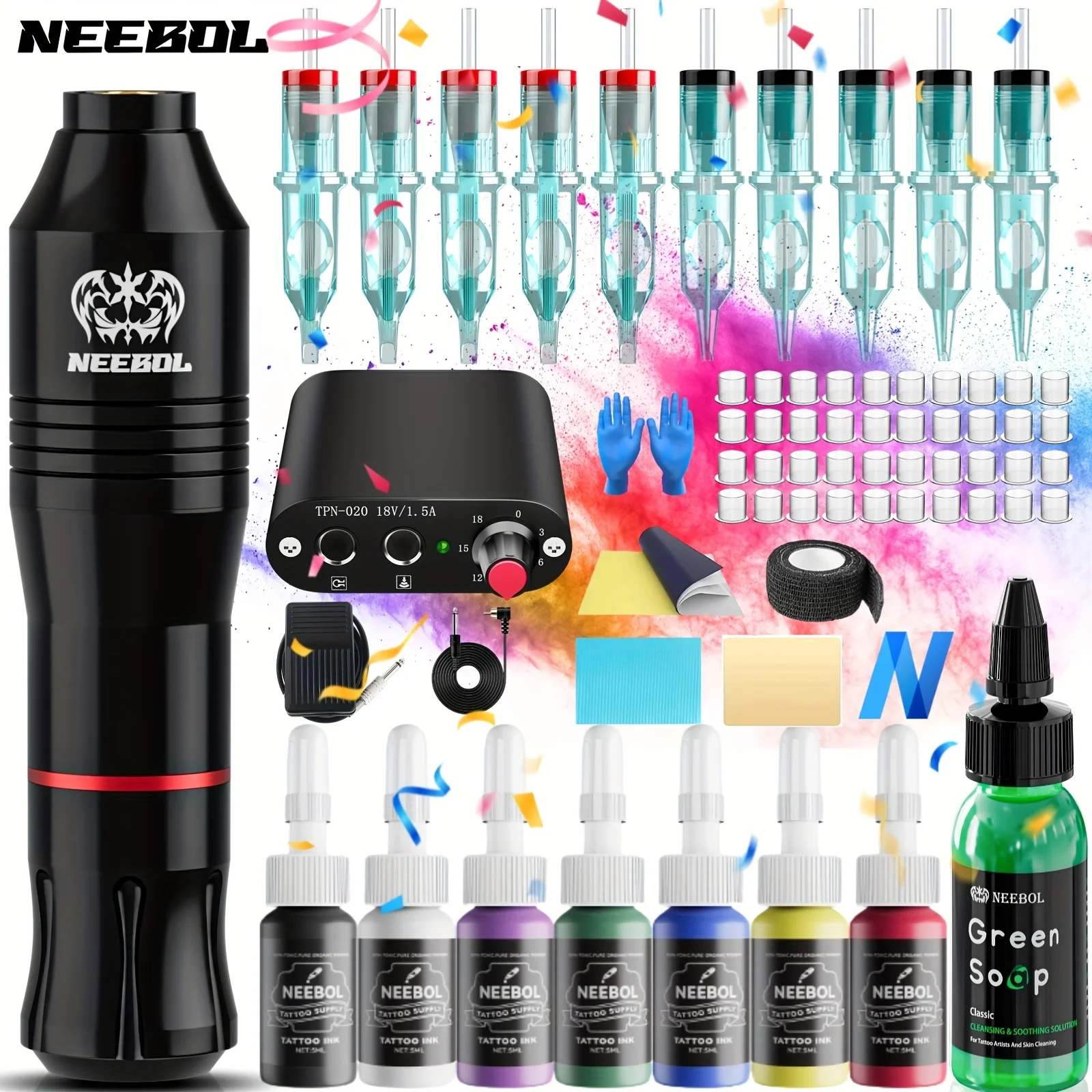 Neebol Tattoo Machine Full Kit, Rotaty Tattoo Pen with Power Supply for Beginners and Artists, Tattoo Gun, Supplies and Equipment, 10 Cartridge Needles, 7 Tattoo Inks, Wired Tattoo Kit with Foot Pedal, Makeup Body Art Gift