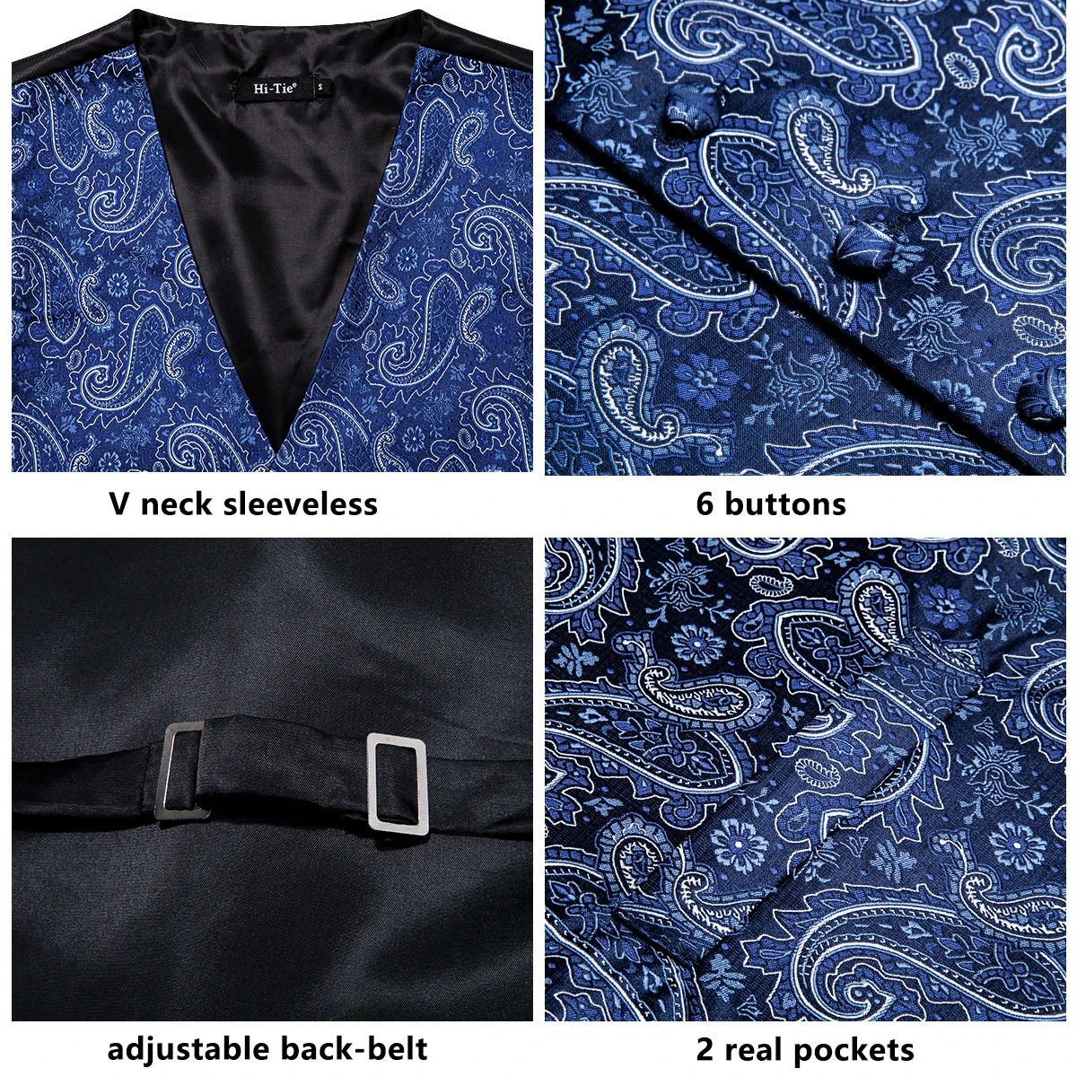 Hi-Tie Blue White Men Vests New Silk Paisley V-Neck Waistcoat Tie Hanky Cufflinks Brooch Set for Men Suit Wedding Party Designer