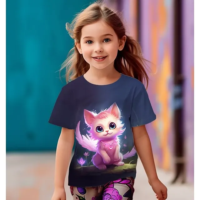 3D Cartoon Cat T shirt Girl Tee Short Sleeve Summer Spring Active Fashion Cute Polyester Kids Outdoor Casual Daily Regular