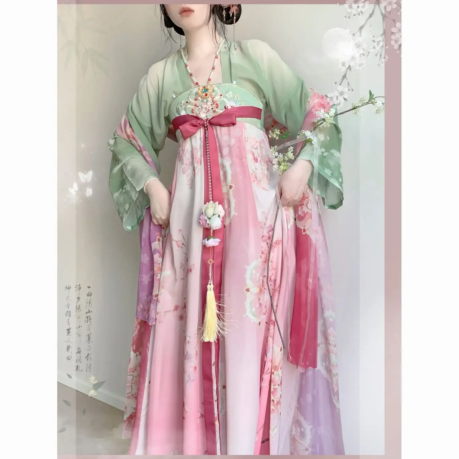 

Women's Tang Dynasty Fairycore Ruqun Set Peach Blossom Print Pink Traditional Chinese Costume Ethereal Outfit Hanfu Dress Woman