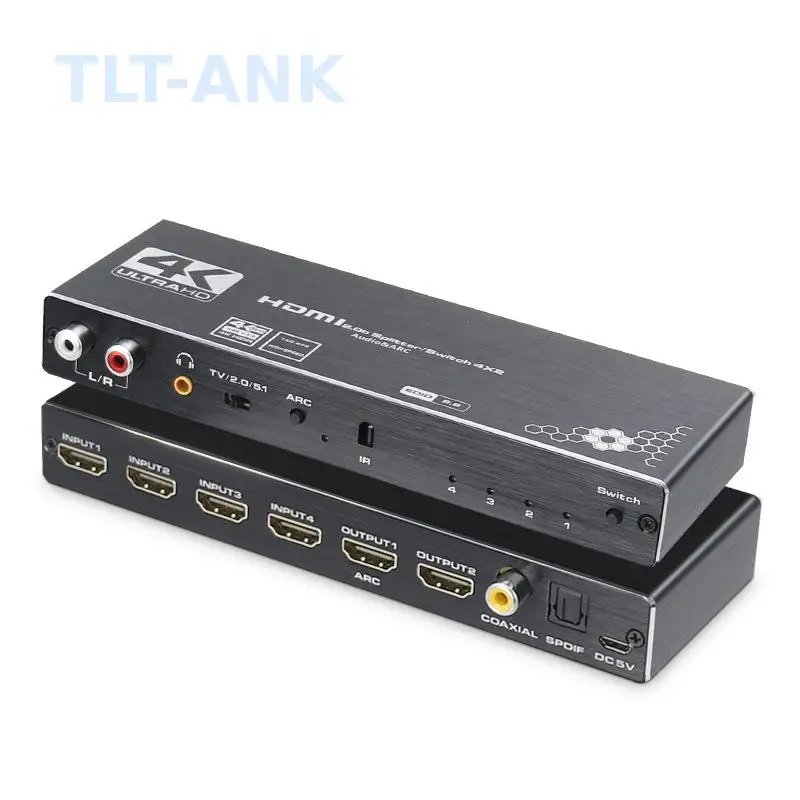 4 In 2 Out HDMI 2.0 Switch Splitter 4X2, Built-in ARC Audio Extractor, Support 4K@60Hz HD Video Audio Separation Function
