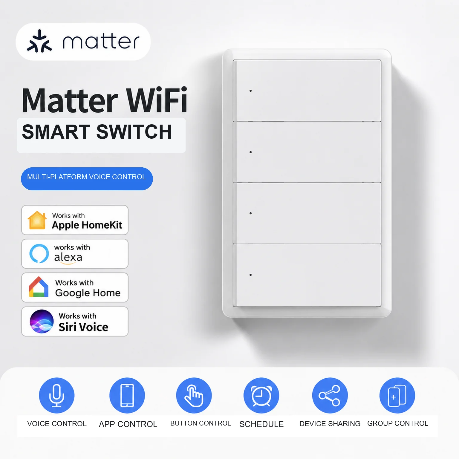 Manhot Matter WiFi Smart Wall Light Switch 1 2 3 4 Gangs with Neutral Wire Push Physical Light Switches work with Homekit App
