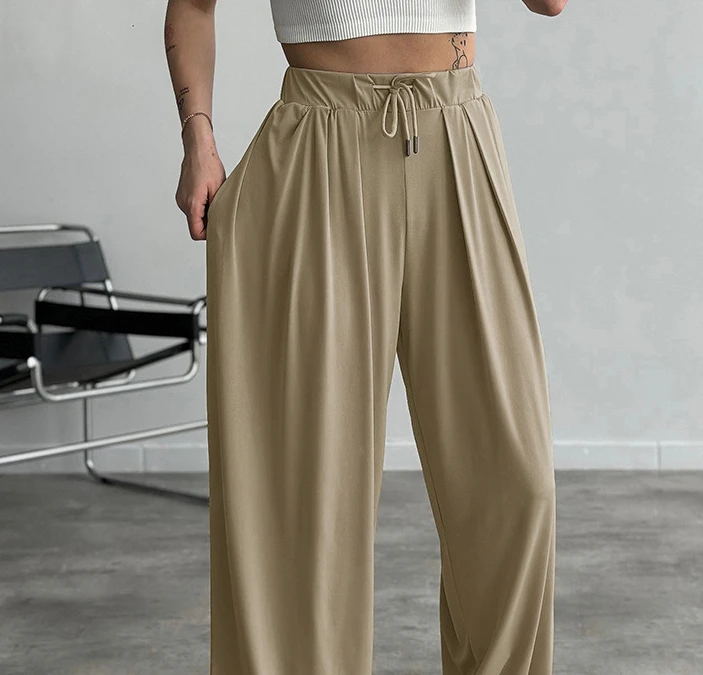 Women Solid Color High Waist Elastic Dtrawstring Cuffed Pants Casual Loose Fit Ruched Pants
