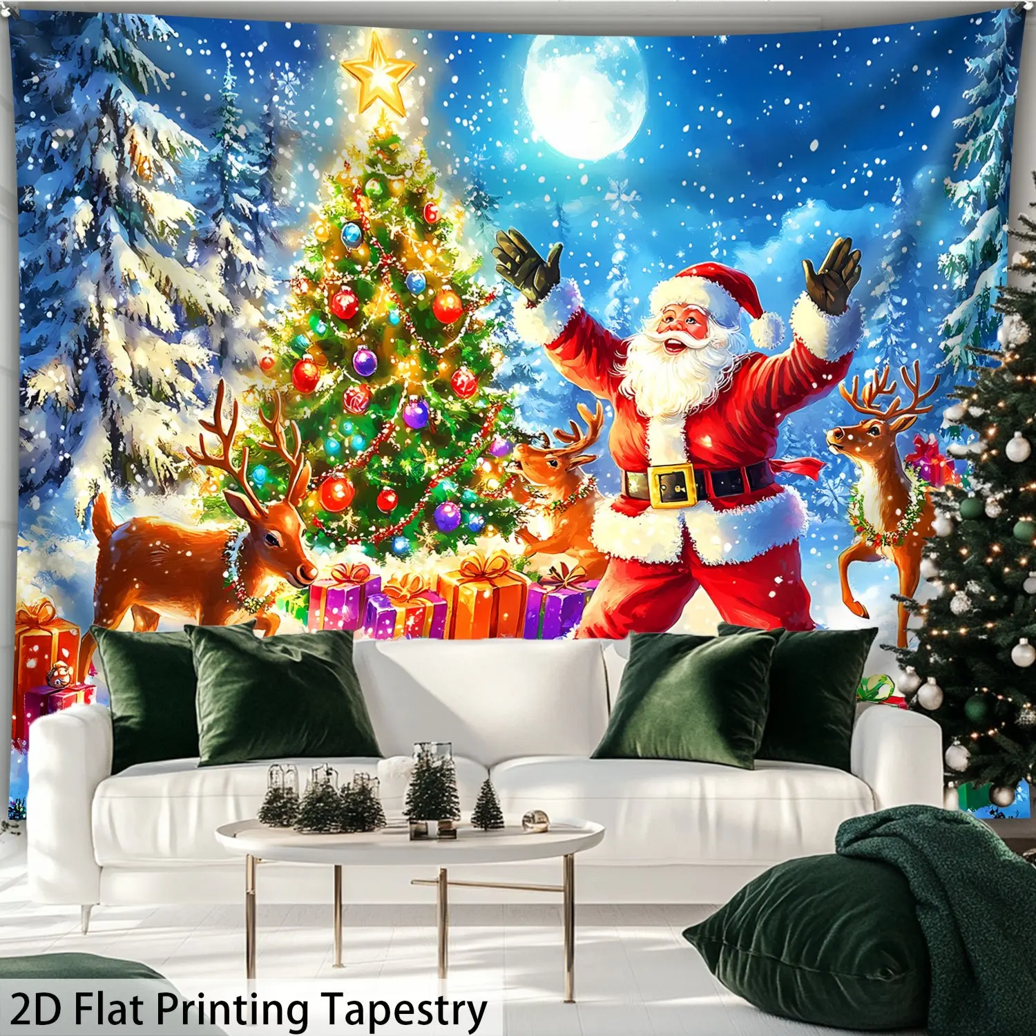 Christmas Tapestry, Santa Claus Tree Winter Night Snow Scene Starry Sky, HD Print Polyester Wall Hanging for Holiday Home Decor