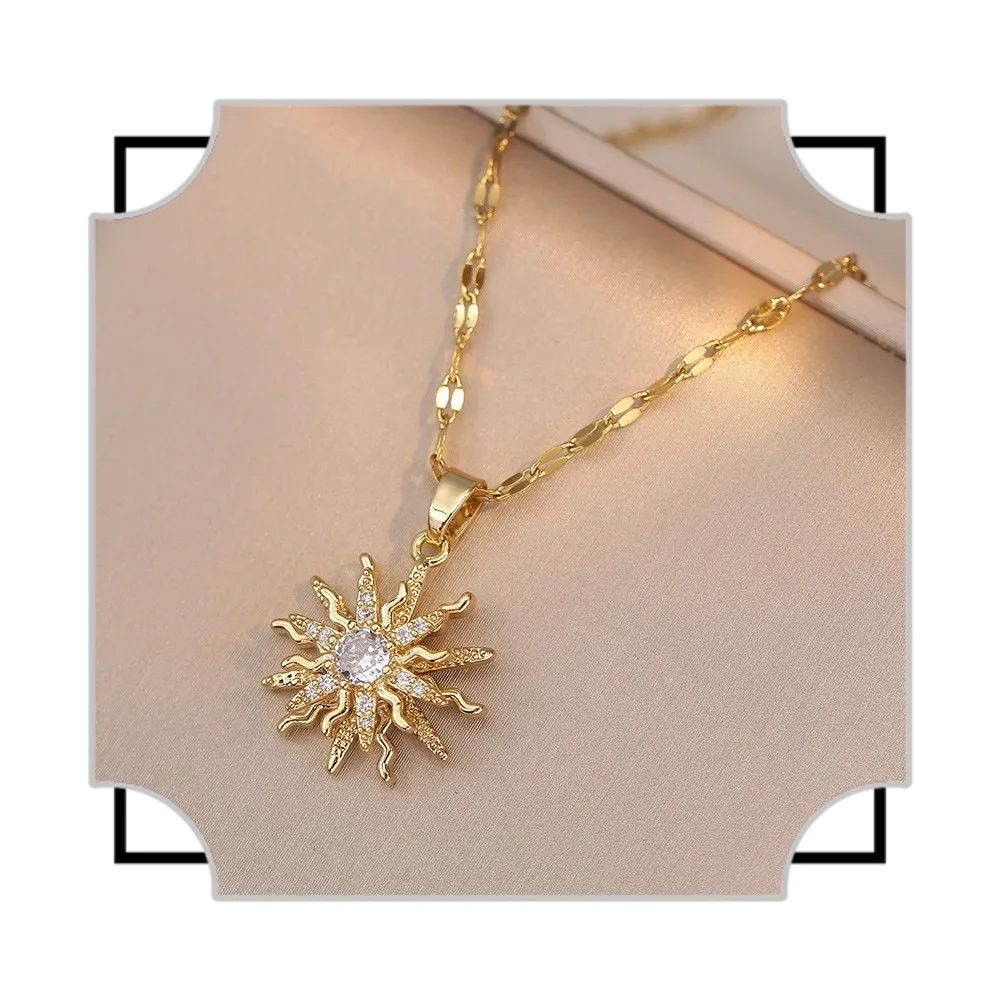 Rotating Flower Pendant Stainless Steel Chains Necklaces For Women Antique Gold Color White Zircon Sun Clavicle Necklace Jewelry