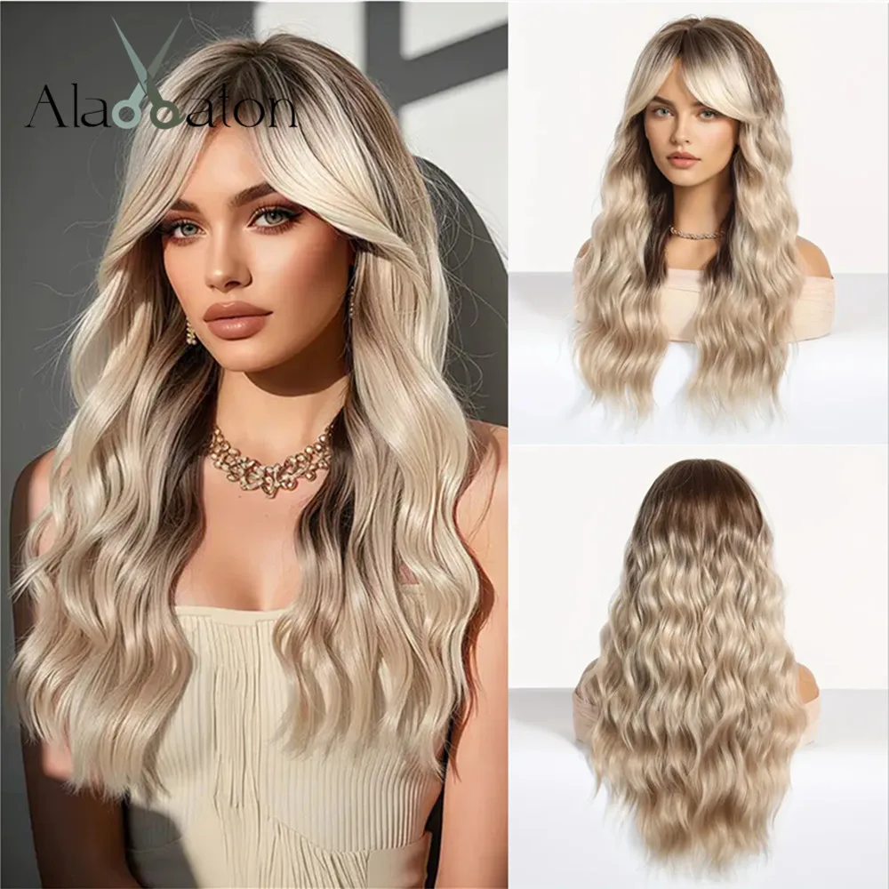 ALAN EATON Ombre Blonde Curly Synthetic Wig for Women Long Water Wavy Wig with Curtain Bangs Natural Looking Daily Fake Hair