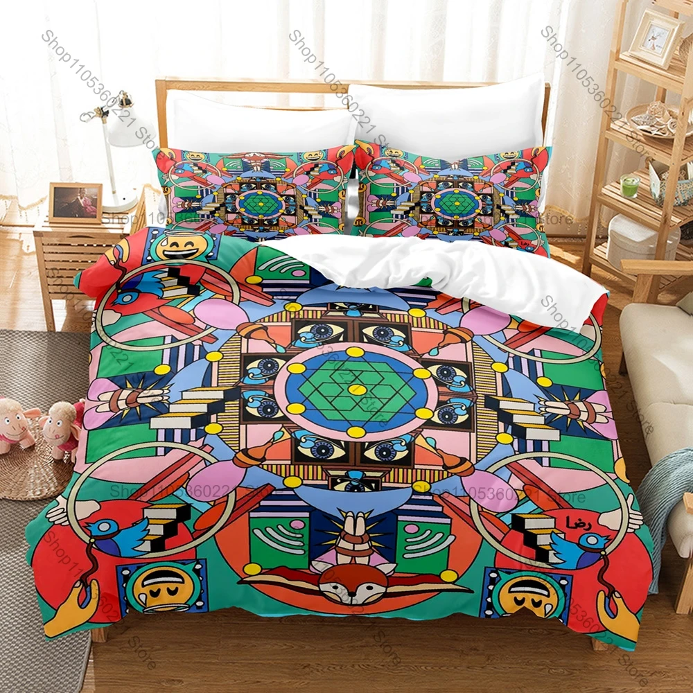 All Over Ankh Psychedelic Art Duvet Cover + 2 Pillowcases, Colorful Printed Bedding Set Soft Fabric for Bohemian Room Decoration