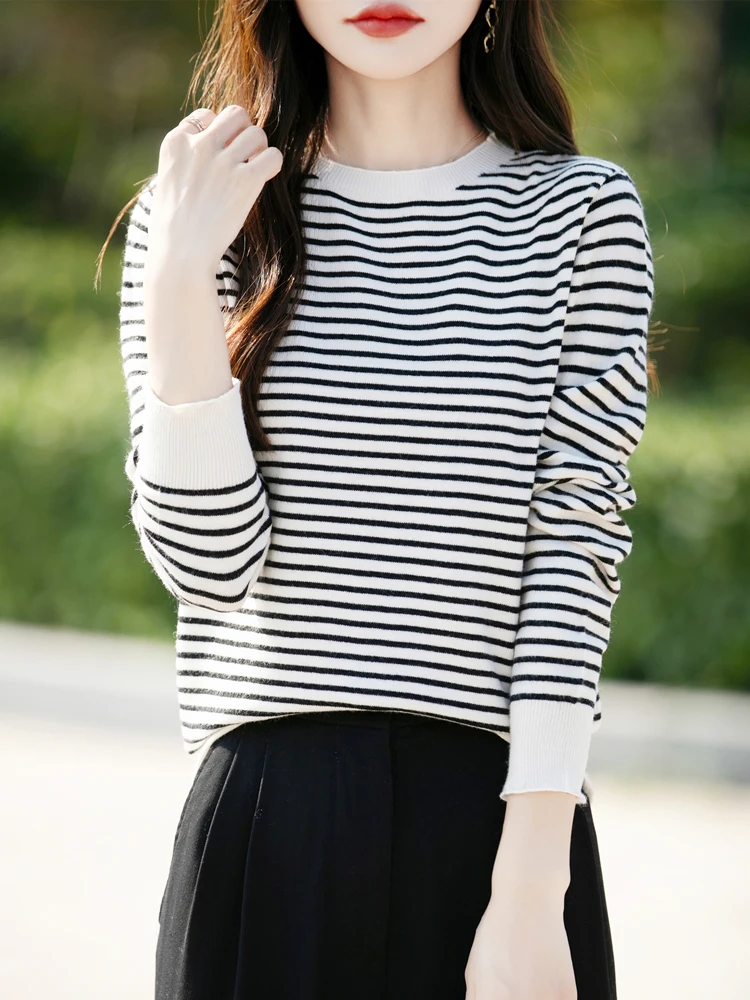 Autumn Winter Women Merino Wool Sweater Crew Neck Thin Striped Loose Soft Long Sleeve Comfort Daily Casual Knit Pullover Top