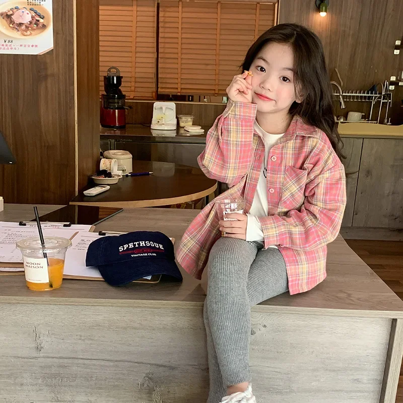 2024 Autumn New Fashionable Pink Plaid Sweet Girls Shirt Top Children Clothing Girls Shirt Coat Korean Style Long Sleeved