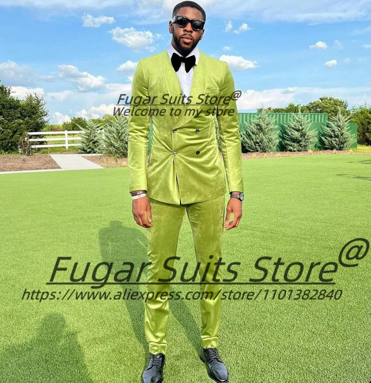 

Fashion Green Velvet Men Suit Customized Slim Fit Double Breasted Shawl Lapel Groom Wedding Tuxedos 2 Pieces Sets Ropa Hombre