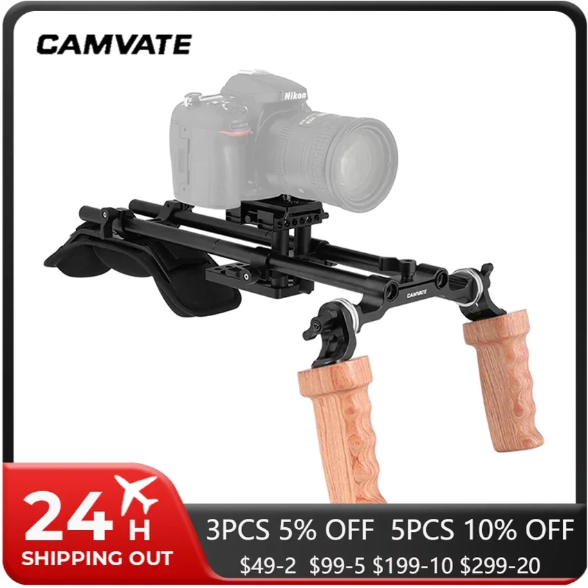 CAMVATE Pro Shoulder Mount Rig With Manfrotto QR Plate & Dual Wooden HandGrips Rosette Connection For DSLR Camera/ DV Camcorder