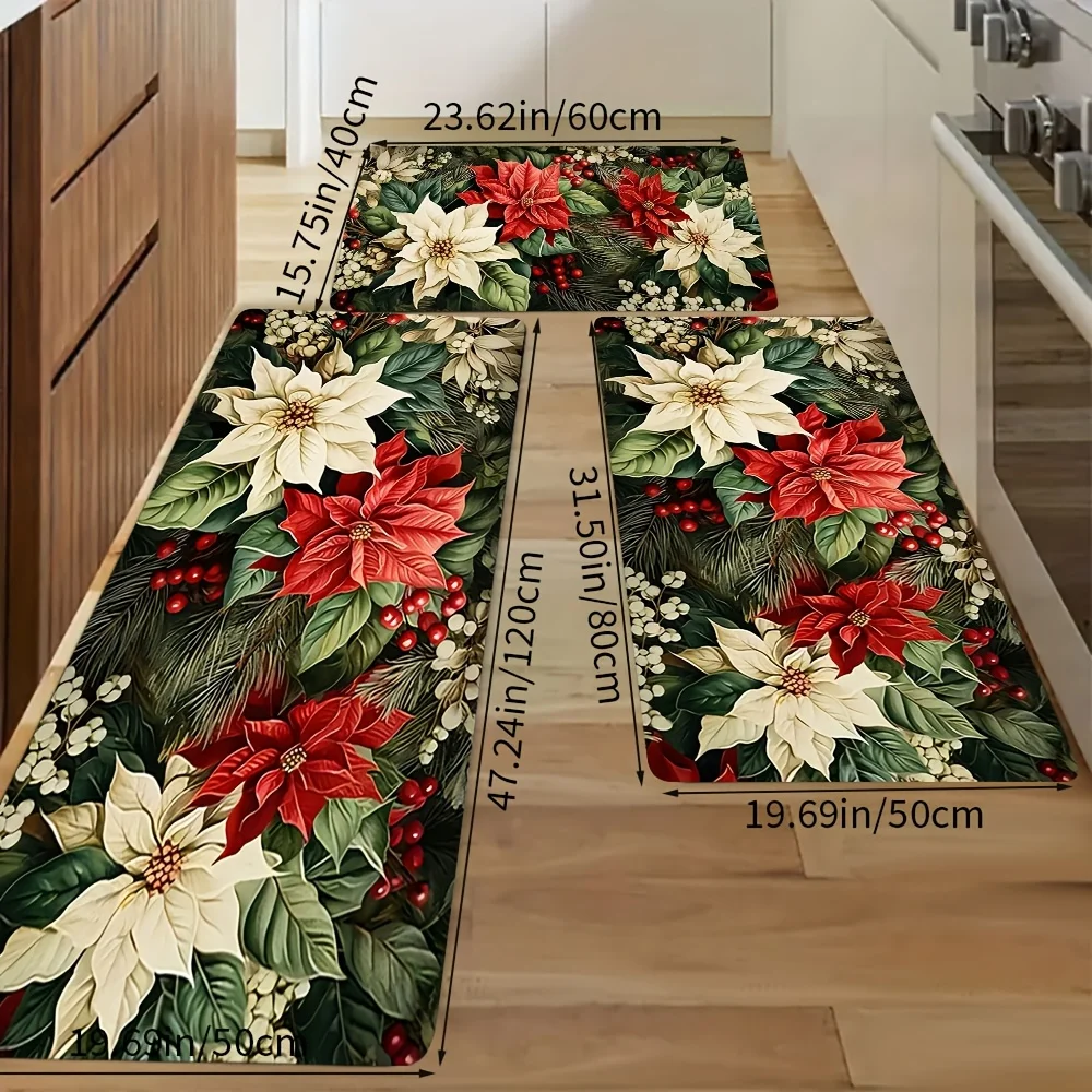 VIKAMA Set Christmas Kitchen Floor Mats Non Slip Washable Poinsettia Berry Pine Runner Rug for Family Xmas Holiday Decor