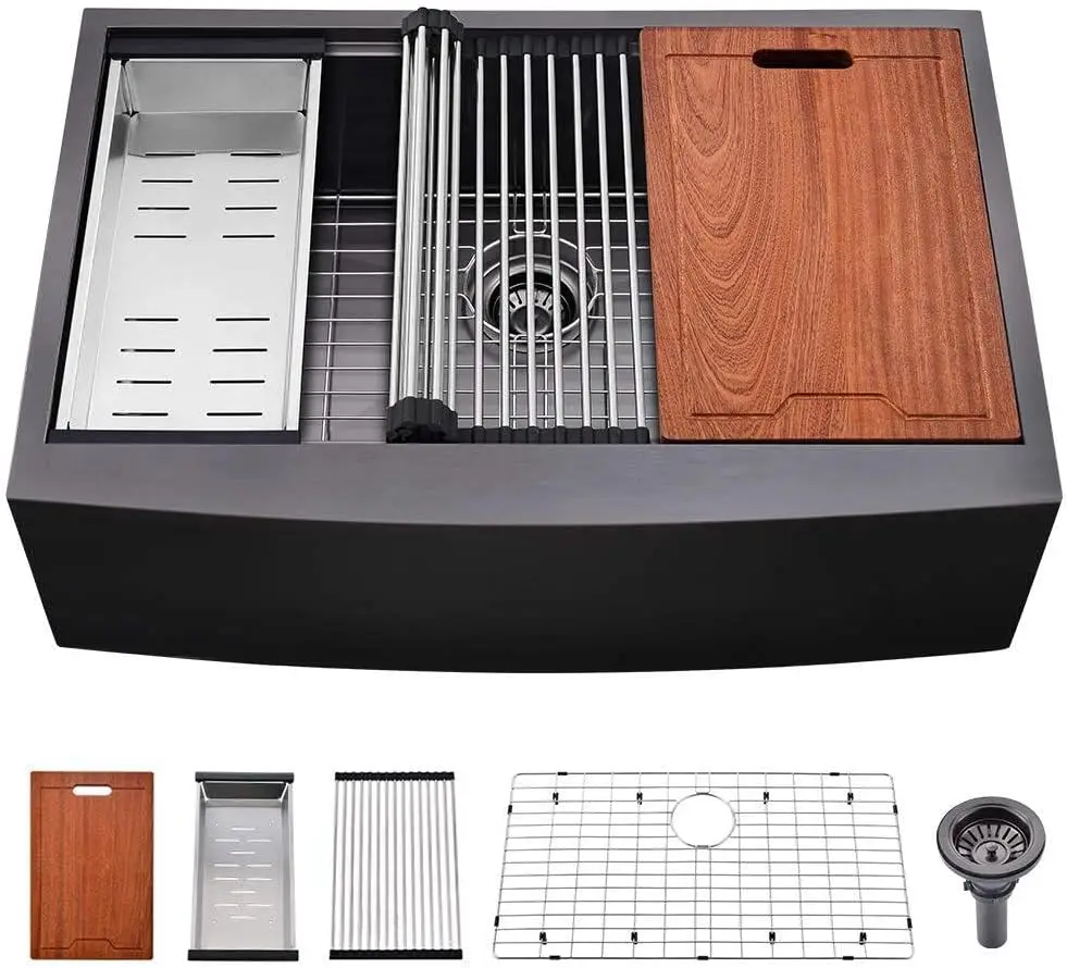 33 Inch Black Stainless Steel Farmhouse Sink Workstation Apron | 33x22 Inch Apron Front Farmhouse Kitchen Sink 16 Gauge 10