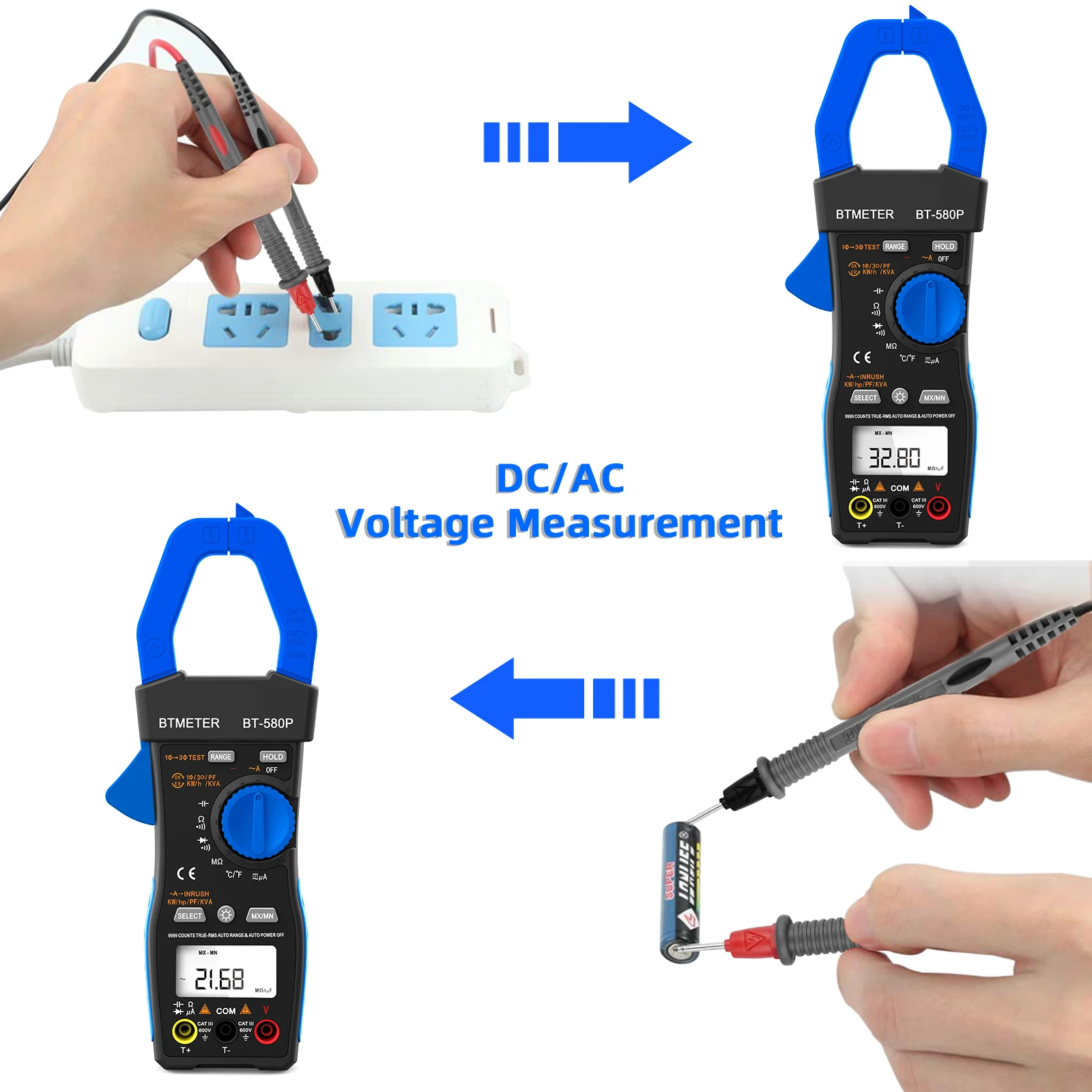 BTMETER BT-580P, 1-Phase/3-Phase Clamp-on Power Meter for HVAC (Air Conditioning) and Electrical Measurements, CE Approved.