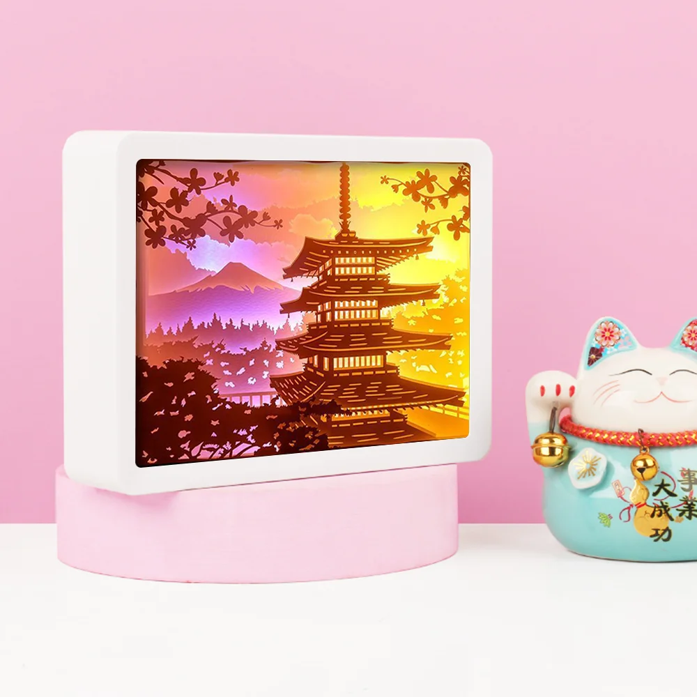 Japanese Pagoda Anime Light Box Paper Cut Light Box Led Light Anime Shadow Box Wall Art Lamps For Room Decoration Brthday Gift