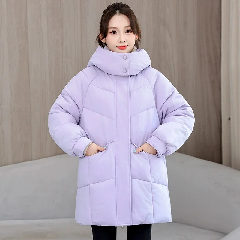 

Winter Women Parkas 2025 Fashion New Loose Mid Length Cotton Padded Jackets Long Sleeve Solid Bread Clothes Casual Outwear Tops