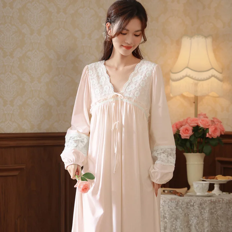 Vintage Spring Autumn Cotton Nightgown Women Lace V Neck Nightdress Solid Color Princess Sleepwear Fairy Long Sleeve Night Dress