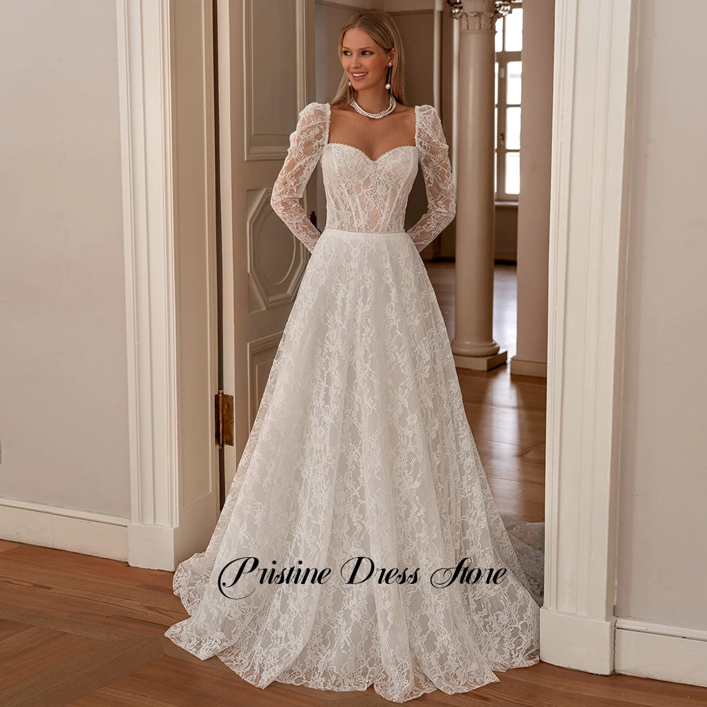 فستان الزفاف البوهيمي مخصص الدانتيل ساحة طوق قابل للتعديل طويلة الأكمام زي العرائس ألف خط تول فساتين الزفاف للعرائس